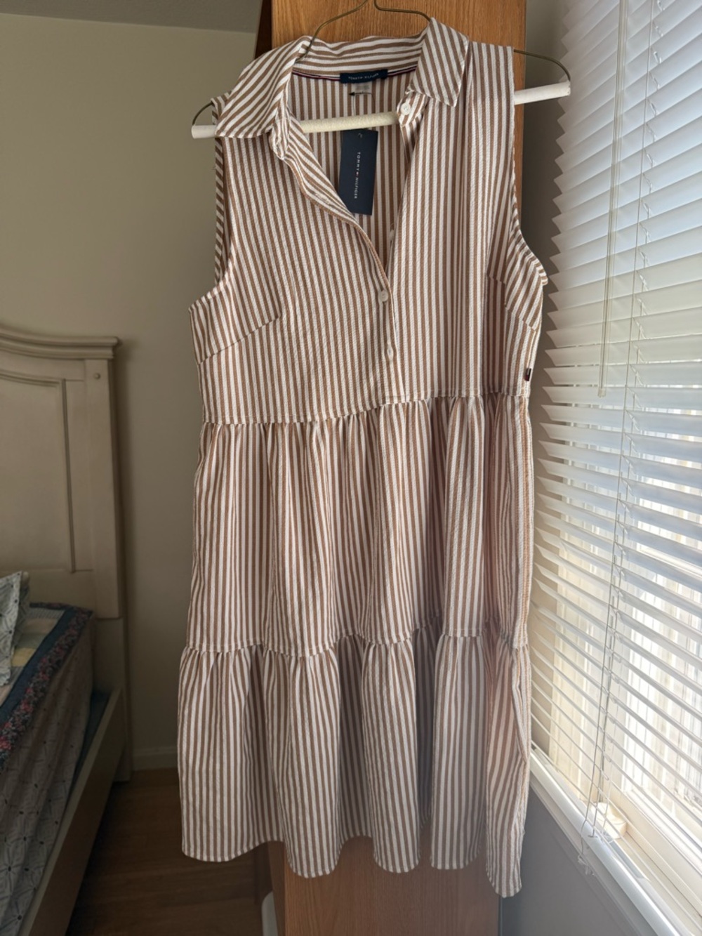 Tommy Hilfiger Cream & Brown Striped Sleeveless Shirt Dress